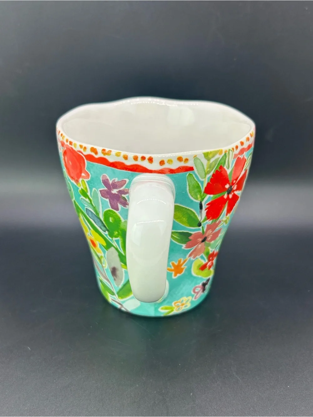 Vintage Pier 1 Colorful Butterfly Floral Ceramic Mug Cup Turquoise Background